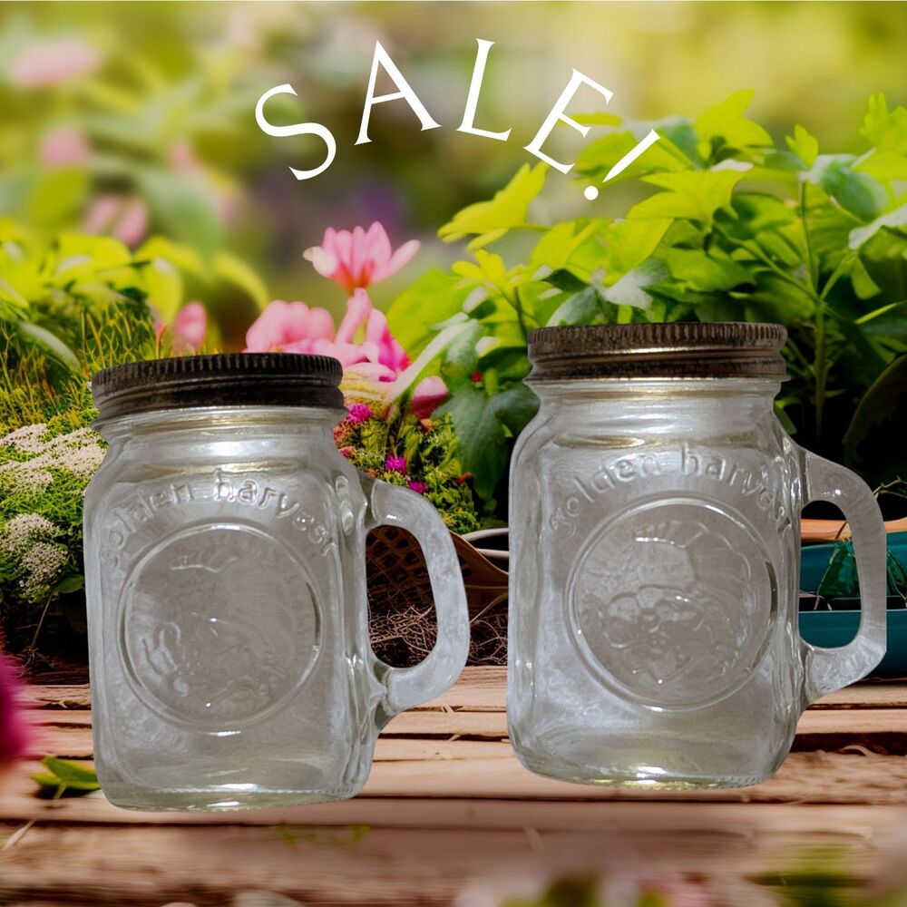 Golden Harvest Mason Style Jar Salt Pepper Shakers Metal Lids Vintage Anchor Hoc